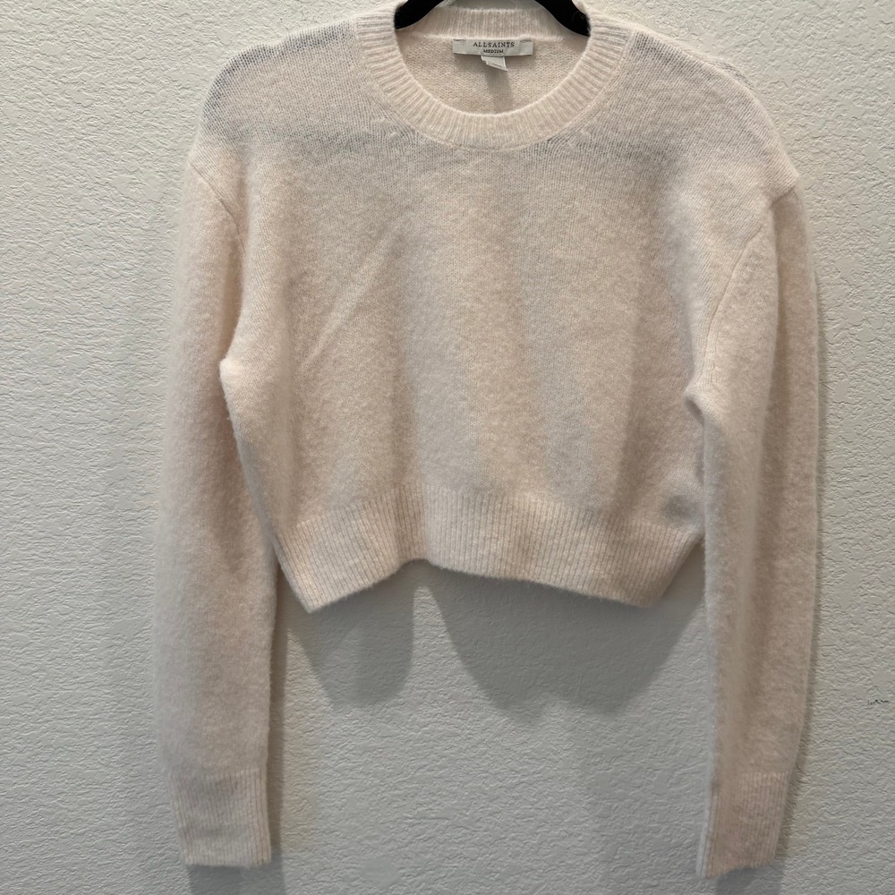 AllSaints Womens Cream Fuzzy Knit Cropped Crewneck Sweater Medium Drop Shoulder